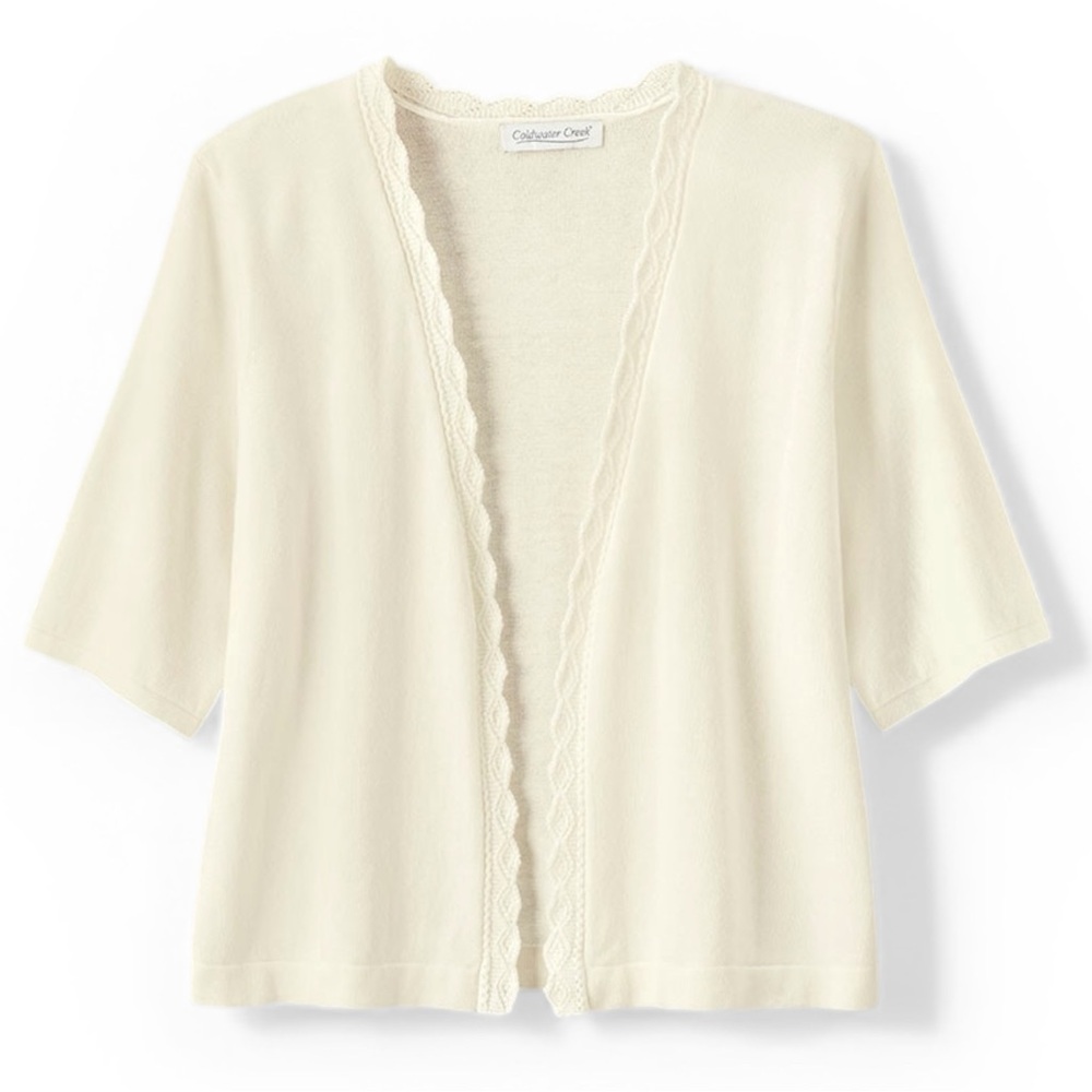 Coldwater Creek Easy Essence Shrug Crema Medium Open Front Crochet Trim Coastal